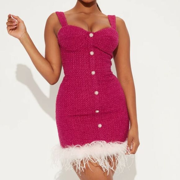 FASHION NOVA She's The One Tweed Mini Dress w/ Feather Hem in Magenta Size S - Picture 1 of 7
